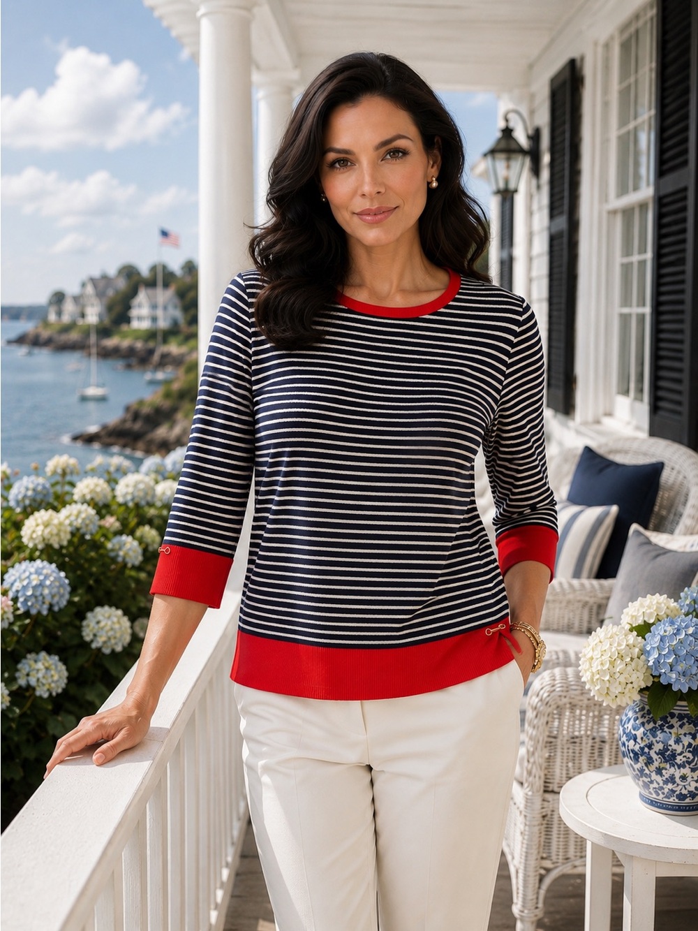 St. John Sport by Marie Gray Navy & White Striped Sweater with Red Trim - Size M